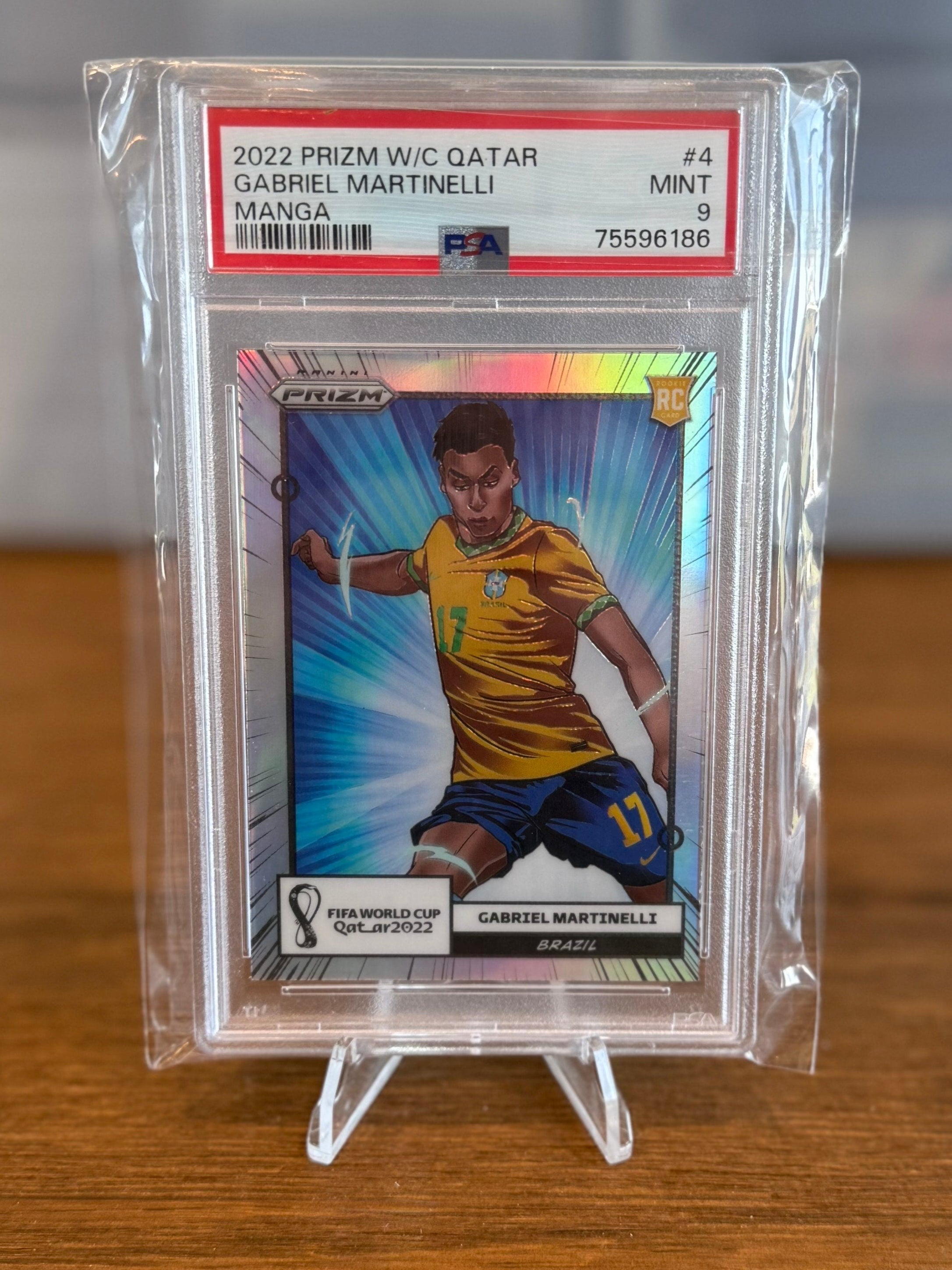 Trading card in a protective case on a wooden surface with a blurred background